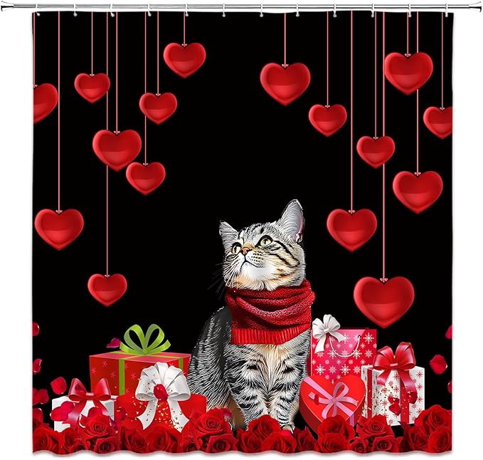 Valentine's Day Shower Curtain Mr Mrs Red Black Romance Heart Cat Love for Couple Funny Creative Bathroom Curtains Decor Fabric Set Include Hooks,(47" Wx70 H)