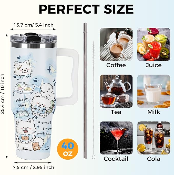 Tumbler with Handle and Lid, Dog Lover Tumbler, 40 oz Lucky Puppy Dogs Printed Insulated Stainless Steel Travel Mug West Highland White Terrier Lover Gifts For Kids, Families, Friends, Love