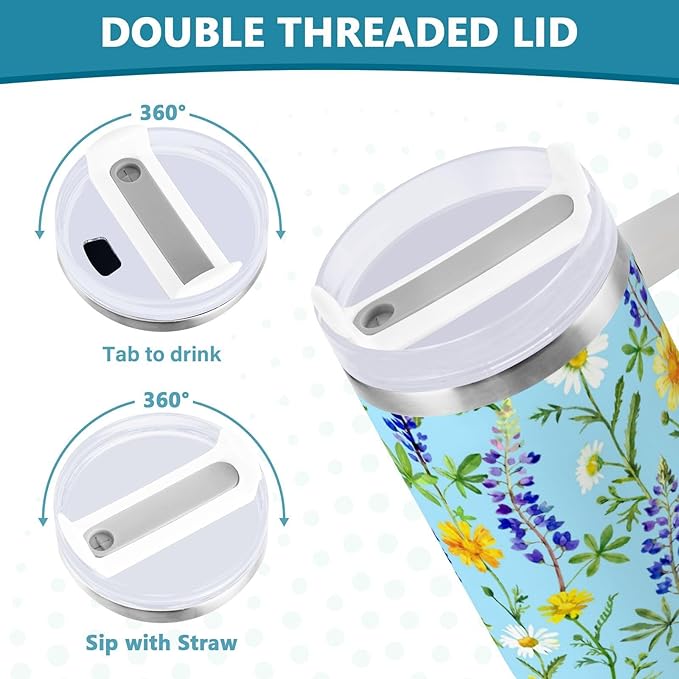 Boccsty Bluebonnet Chamomile Floral Insulated Tumblers Reusable Stainless Steel Tumbler 40 oz Cup Coffee Travel Mug Water Bottle with Handle & Flip Straw for Home Office Car