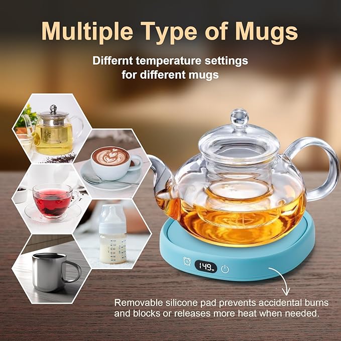 Bsigo Coffee Mug Warmer & Cute Cat Mug Set, Candle Mug Warmer for Home & Office, Electric Smart Coffee Warmer for Desk, Beverage Tea Coffee Cup Warmer with 3-Temp Settings, 8H Auto Shut Off, Blue