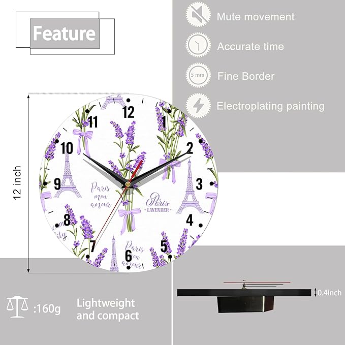SPUNKER Clocks for Living Room,Lavender Flowers Wall Clock Battery Operated 10 Inch,Eiffel Tower Round Clock Silent Non-Ticking Wall Decor for Farmhouse Office Home School Living Room Bedroom