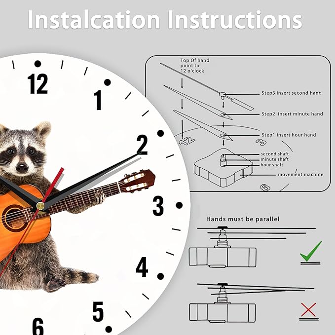 SPUNKER Clock for Bedroom,Funny Raccoon Kitchen Wall Clock,Acoustic Guitar Rock Clocks 10 Inch Silent Non-Ticking Wall Battery Operated for Living Room Bedroom Bathroom Laundry Room Decor