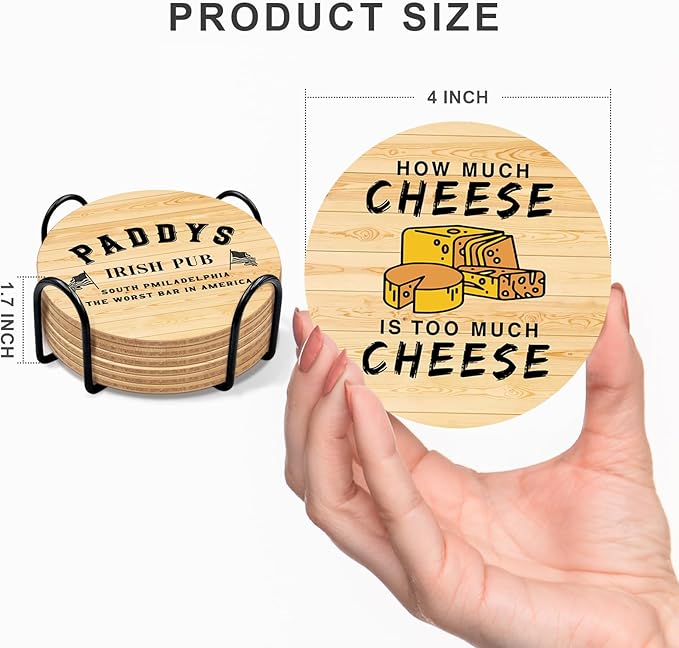 Sunny in Philadelphia TV Show Themed Merchandise for Fans, Funny Drink Coasters with Coaster Holder Set of 6, Cute Coasters for Drinks, Bar Cork Coasters for Coffee Desk Table