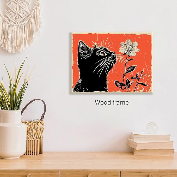 Black Cat Posters Vintage Animal Botanical Wall Art Cute Cat Sniffing Flower Canvas Painting Gift For Cat Lover 12x16 inch Framed Living Room Gallery Wall Decor