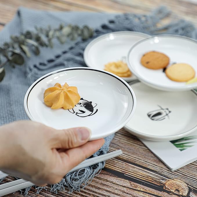 WAIT FLY 5 Inches Funny Dog and Cat Pattern with Brush Strokes Ceramics Seasoning Dishes/Tea Bag Holders/Ketchup Saucer/Appetizer Plates/Seasoning Dipping Bowls, Set of 4