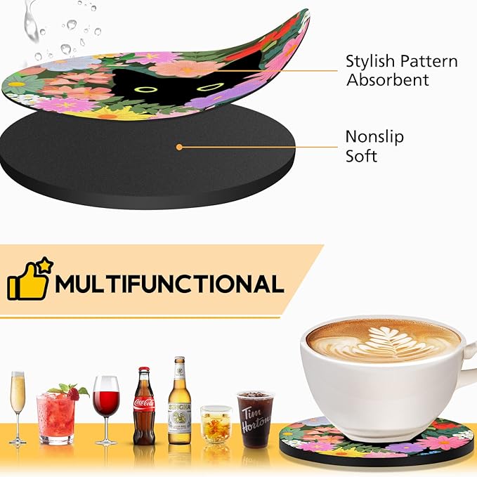 Swooflia Coasters for Drinks Coffee Table, Flower Black Cat Cute Colorful Silicone Absorbent Cup Coaster Set Housewarming Kitchen Home Wooden Desk Office Bar Tabletop Decor 6 Pack