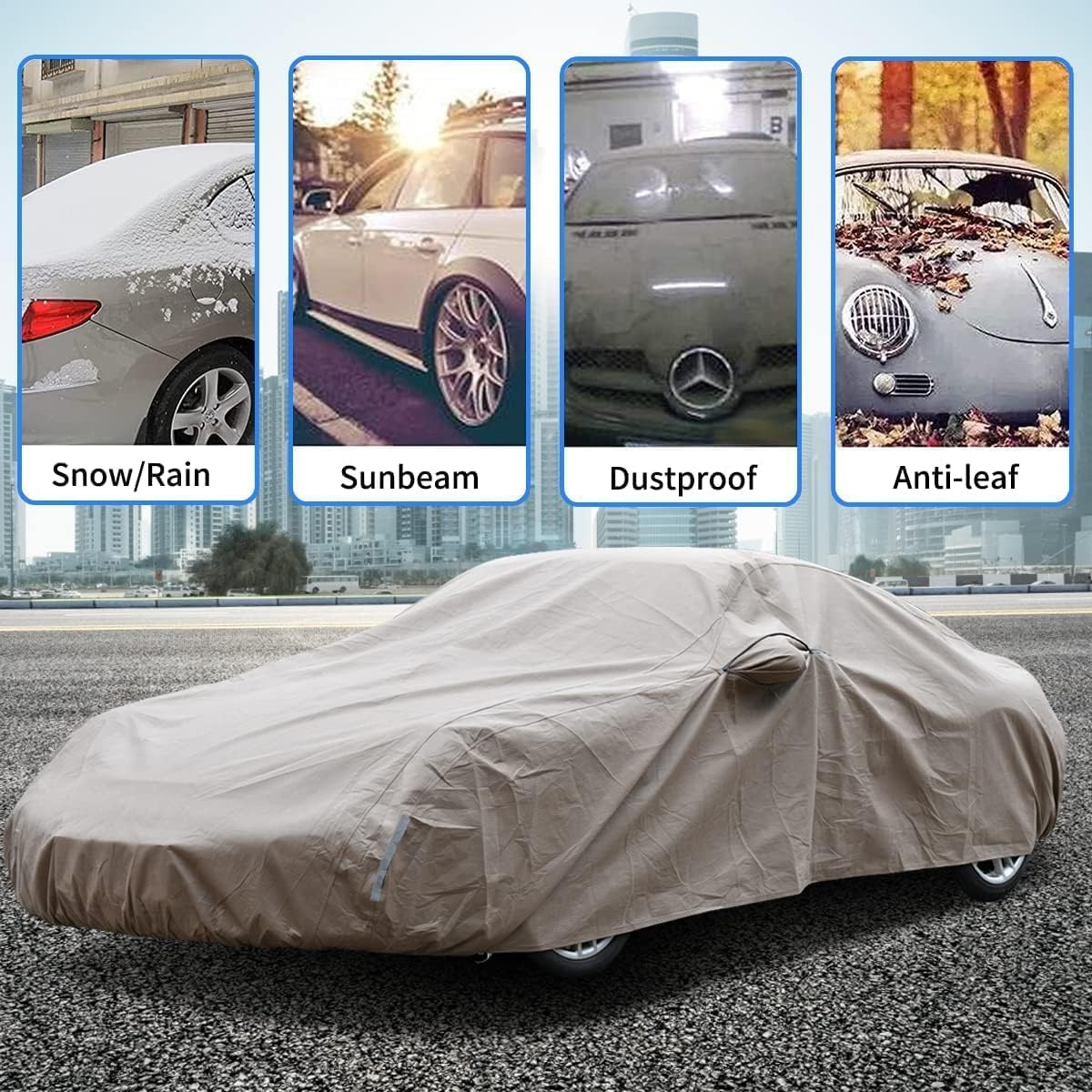 Tecoom Thick Shell Car Cover Waterproof All Weather for Automobiles, Full Exterior Covers with Invisible Zippered Mirror Pockets Wind Uv Hail Protector Universal Fit AudiR8 (173-182 Inches)