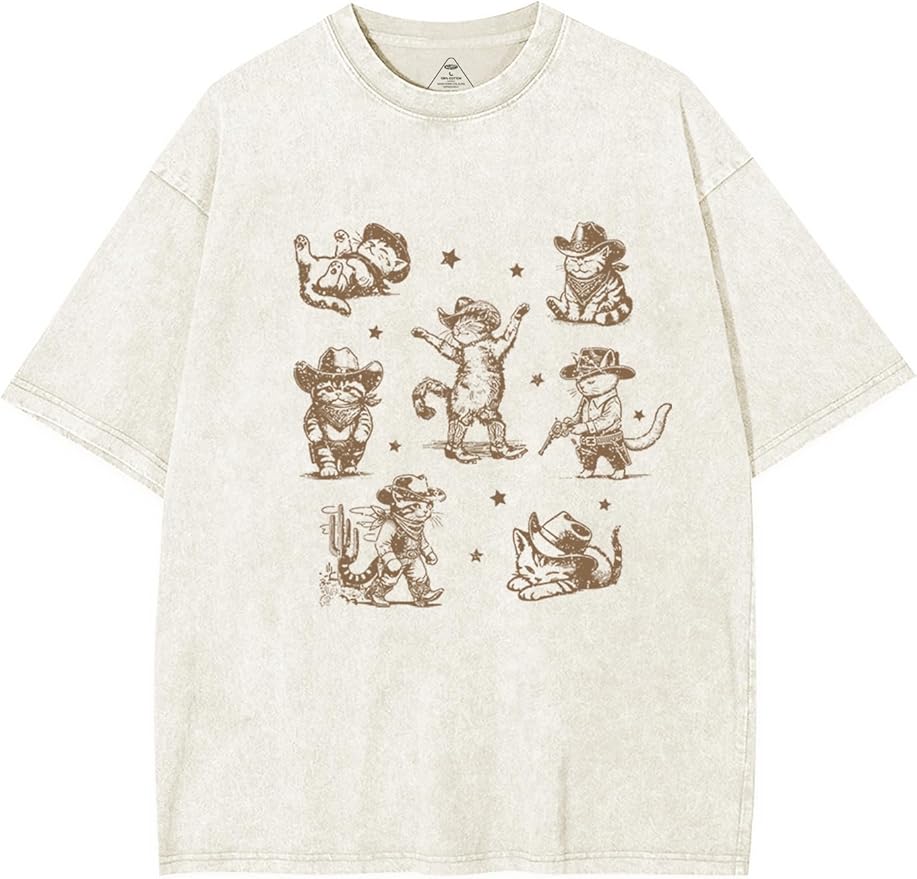 Y2K Oversized Graphic Tees for Women -Cowboy Cats Acid Washed Vintage Unisex Tee Short Sleeve Streetwear Tops