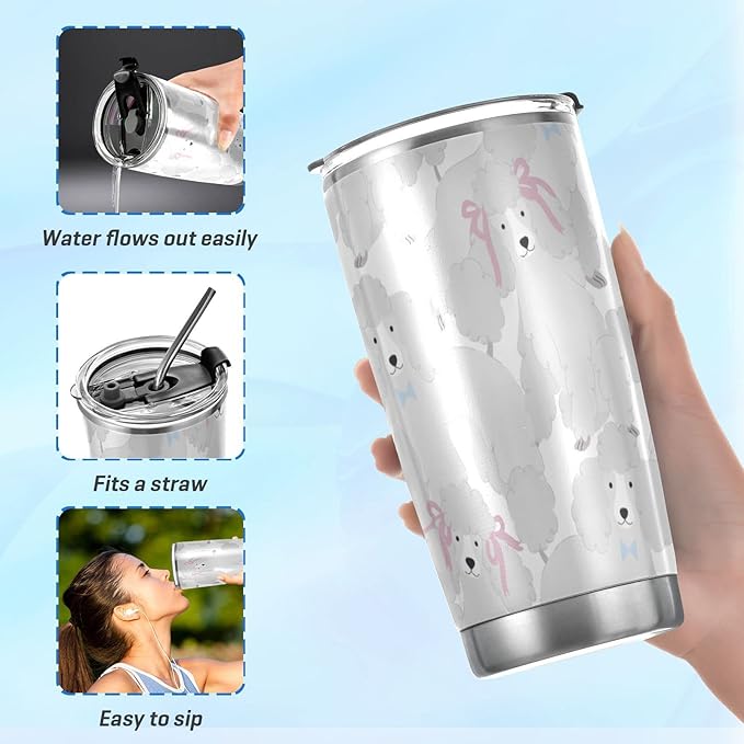 Tumbler Grey Cute Poodles Insulated Coffee Cup Beverage Container Office Travel Mug with Straw and Lid 20oz Back to School Gift