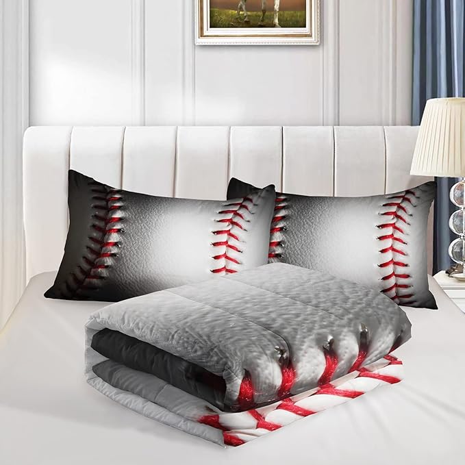 BSNTHO 3D Baseball Comforter Set Twin Size for Boys Sports Games Comforter Set Kids Sports Bedding Set with 2 Pillowcases Baseball Comforter for All Season