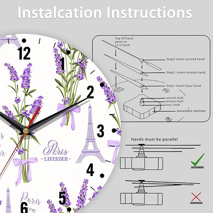 SPUNKER Clocks for Living Room,Lavender Flowers Wall Clock Battery Operated 10 Inch,Eiffel Tower Round Clock Silent Non-Ticking Wall Decor for Farmhouse Office Home School Living Room Bedroom