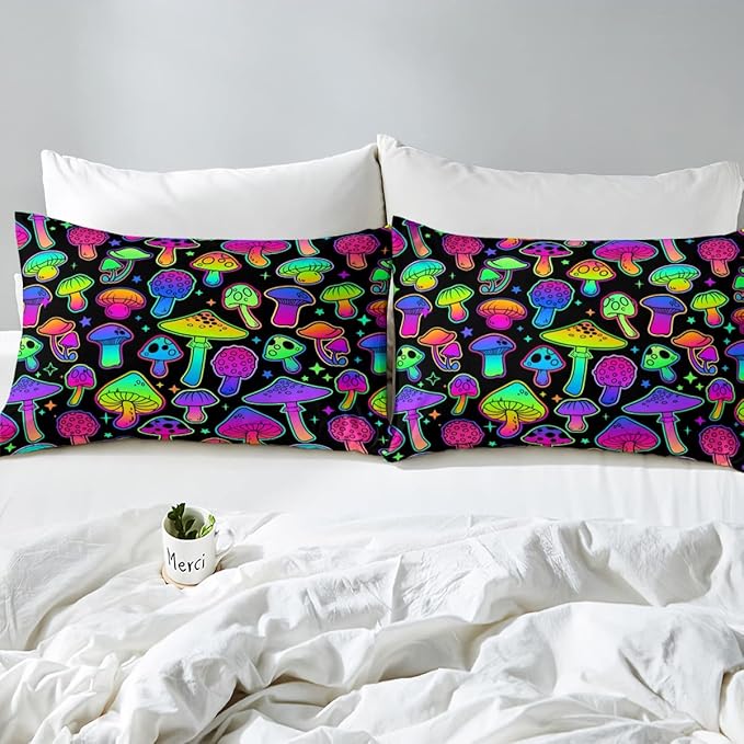 Boys Cute Mushroom Bedding Sets Full Size,Teen Girls Purple Black Hippie Mushrooms Comforter Set Kids Colorful Stars Botanical Bed Comforter Set Wild Plant Bedding Quilt Teal 2 Pillow Cases