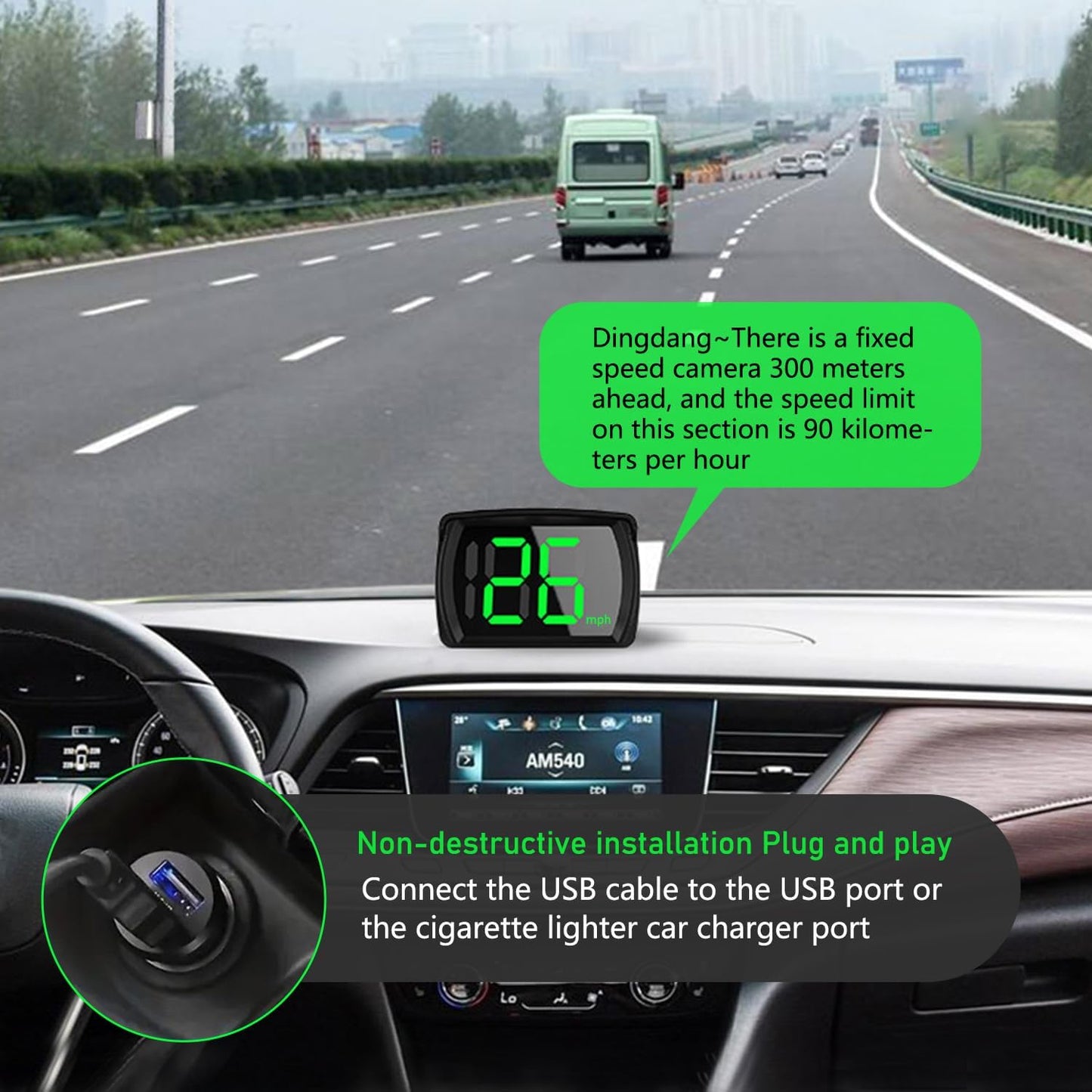 1 PC Speedometer HUD for Cars Trucks Motorcycles USB Plug & Play Digital MPH Speed Meter Head Up Display with Shading Plate Car Charger Adapter