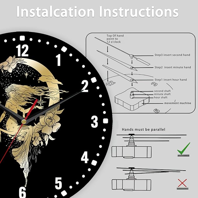 SPUNKER Clock for Bedroom,Moon Stars Queen Wall Clocks,Woman Flower Battery Operated Wall Clock Silent Non-Ticking Decorative for Home Kitchen Bathroom Living Room Bedroom Office 10 Inch