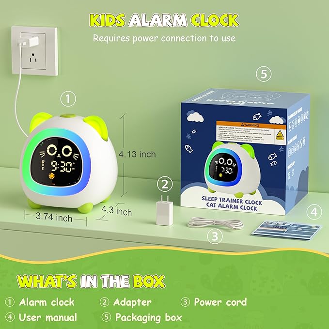 winshine Kids Alarm Clock, OK to Wake Clock with Night Light for Kids, Stay in Bed Clock Sleep Training, Nap Timer Cute Kids Room Decor, Gift Ideas for Kids Toddler Boy Girl (Green)