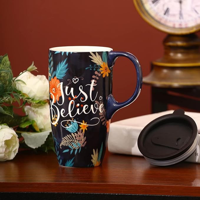 Topadorn Ceramic Mug with Lid and Handle,17oz. Tall Coffee Cup for Home,Party and Birthday,Just Believe
