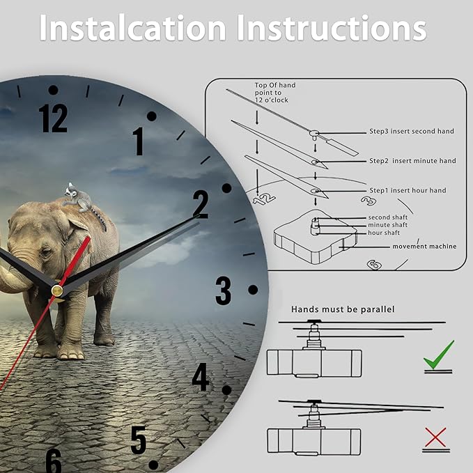 SPUNKER Wall Clock,Elephant Wall Clocks,African Animals Lantern Battery Operated Wall Clock Silent Non-Ticking Decorative for Home Kitchen Bathroom Living Room Bedroom Office 10 Inch