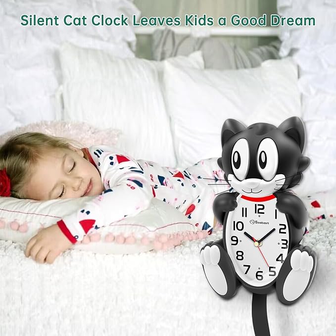 Soobest 18 Inch 3D Large Cat Wall Clock Battery Operated Silent Non Ticking with Moving Eyes and Pendulum Tail, Retro Kids Analog Wall Clock for Gift Decor Black