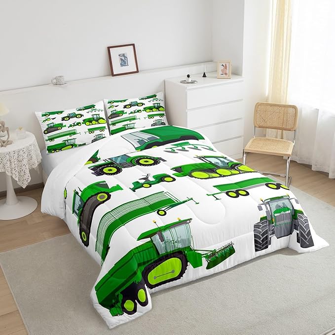 Tractor Bedding Set Twin Size Equipment Trucks Comforter Excavator Comforter Set for Child Kids Boys Teens Construction Site Car Quilt Set for Car Theme Room Bedroom Dorm Decor with 1 pillow case