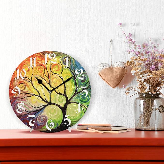 Wamika Wall Clock Tree of Life Rainbow Branch Leaves Seasonal Flowers Round Clock Silent Non Ticking Decorative, Spring Summer Autumn Floral Clocks 10 Inch Battery Operated Quartz Quiet Desk Clock