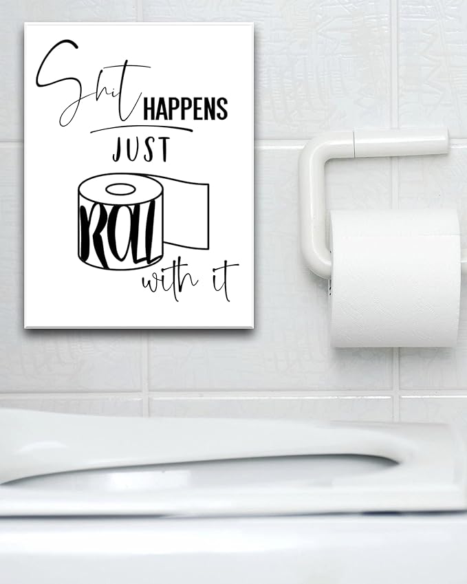 UPWOIGH Funny Bathroom Wall Art Decor, Black and White Toilet Paper Wall Art, Waterproof Wood Framed Canvas Wall Art, Downstairs Toilet Humor Abstract Prints, 12x16in Pictures 1 Pack