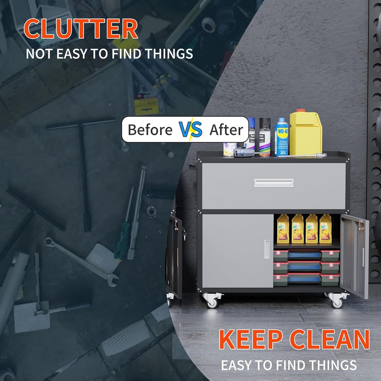 Garage Metal Storage Cabinet for Garage with Adjustable Shelves Wheels, Rolling Tool Chest, Assembly Required, Warehouse, Basement, Tool Room (Gray), Grey