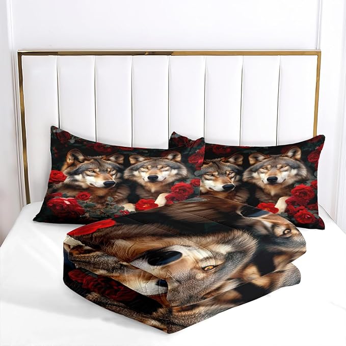 Wolf Comforter Set Twin Size Red Rose Wolves Bedding Set Wild Animal Bedding Sets Black Floral Animals Comforters Soft Down Alternative Comforter Sets for Girls Boys Kids Teens