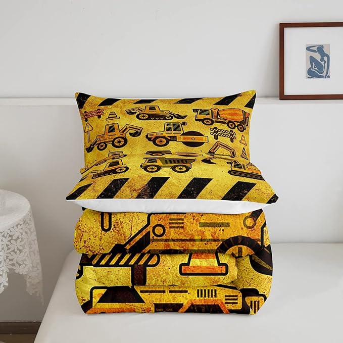Boys Excavator Bedding Set Queen Size Kids Construction Vehicles Comforter For Kids Children Cartoon Machinery Truck Comforter Set Construction Site Cars Tractor Duvet Set 3Pcs With 2 Pillow Cases