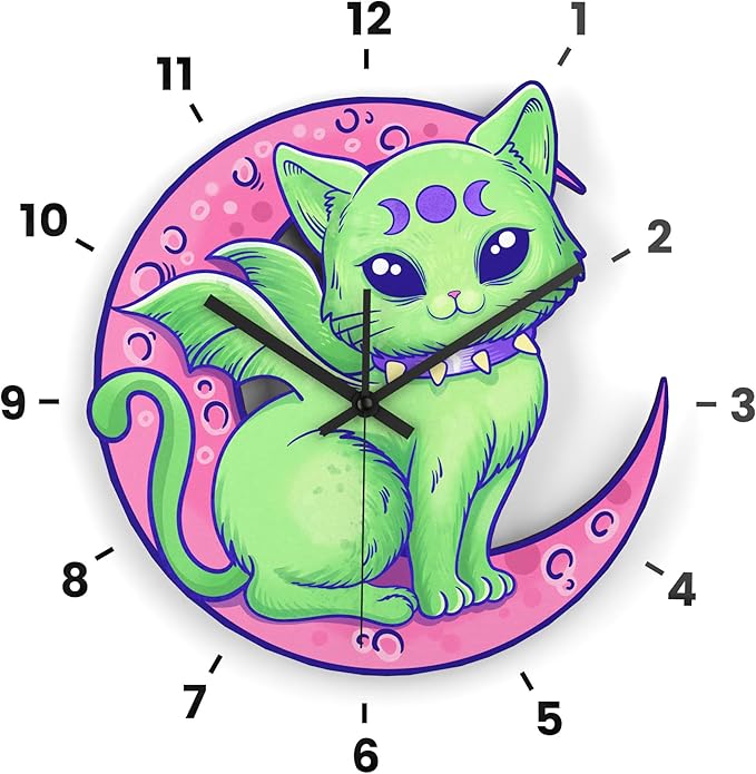 Wooden Wall Clock Spooky Cat Non-Ticking Silent Battery Operated Home Decor DIY Numbers Cute Pastel Goth House Warming Gift for Kids Bedroom Girls Room Living Room Kitchen Kawaii Halloween Moon