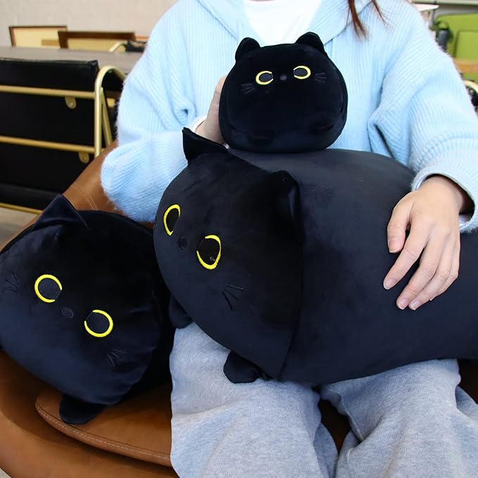 Black Cat Plush Toy Pillow, 13" Kawaii Stuffed Animal Plushie, Cute Cushion Throw Pillow for Kids Birthday Girlfriend Valentines Gift
