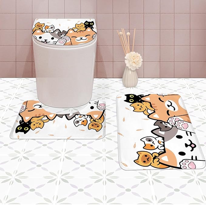 SVBright 4PCs Kids Bathroom Sets Cat Shower Curtain Set 72Wx72H Cartoon Cute Animal Funny Child Bathroom Rug Quick Dry Bath Rug Mat Toilet Mat U-Shape Cover Nonslip Washroom Decor Shower Accessories