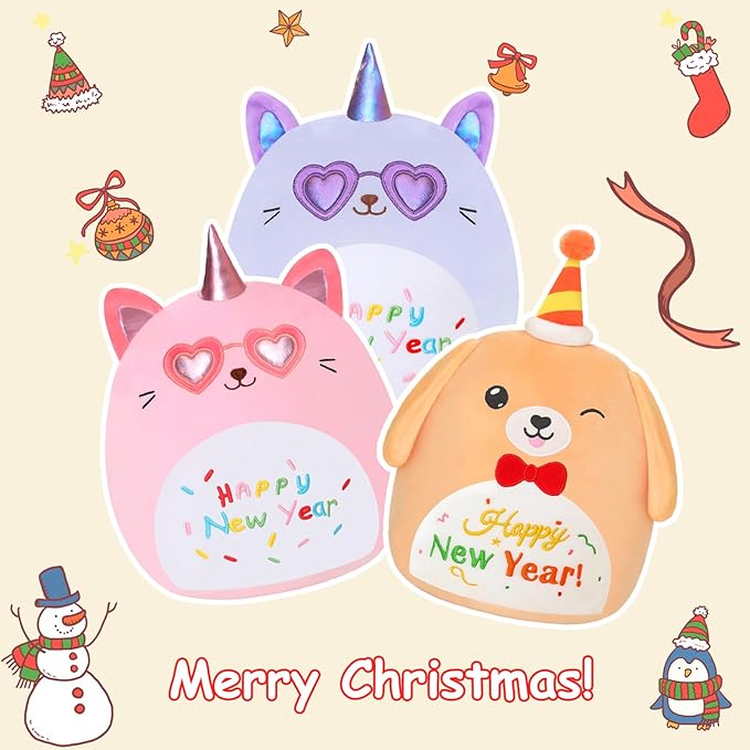 SQEQE Cat Plush Unicorn Cat Stuffed Animal Toy Happy New Year Plushies Kawaii Animal Plushie Doll Gifts for Kids Christmas Party Decoration(Purple, 10 Inch)