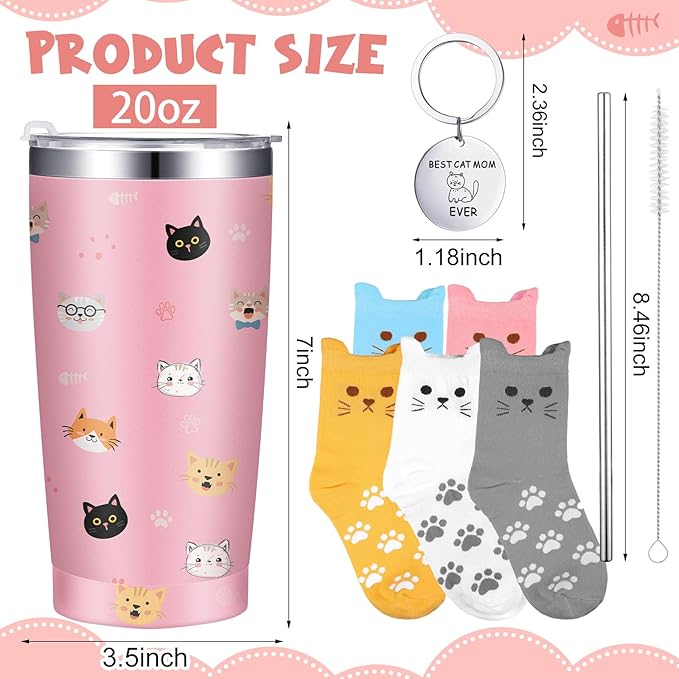 Sliner Teachers Appreciation Gifts Set for Cat Lover, Cat Mom Tumbler with Lid Straw 5 Pairs Cute Socks and Mom Ever Keychain Gifts for Teacher Nurse Grandma, Women Friend Birthday Mother's Day