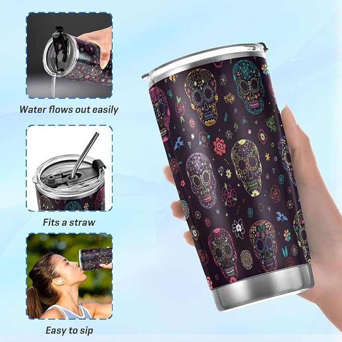 Tumbler Neon Sugar Skull Flower Insulated Halloween Office Coffee Cup Back to School Beverage Container Travel Mug with Straw and Lid Double Wall Stainless Steel 20oz