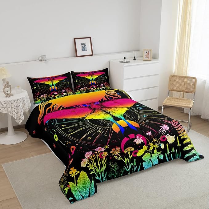 Sun and Moon Comforter Set Queen Rainbow Moth Bedding Sets Hippie Psychedelic Floral Botanical Comforter For Girls Teen Women,Trippy Galaxy Stars Planet Quilt Duvet Colorful 2 Pillow cases