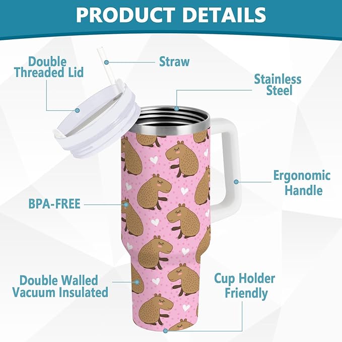 Boccsty Heart Cute Cartoon Capybara Insulated Tumblers Reusable Stainless Steel Tumbler 40 oz Cup Coffee Travel Mug Water Bottle with Handle & Flip Straw for Home Office Car