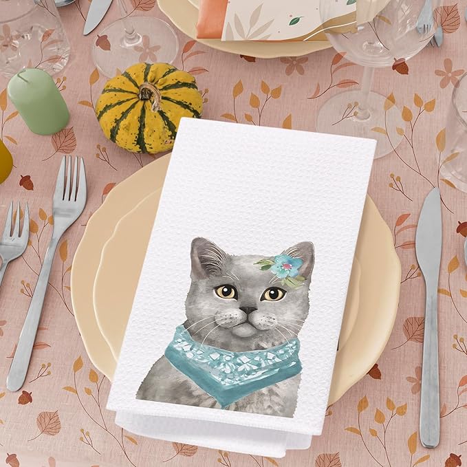 SPBL&L Cute Cat Kitten Kitchen Towels Set of 4, Grey Black Orange Persian Decorative Hand Towels for Bathroom, Kitchen Dish Towels for Cat Lovers, Bathroom Kitchen Decor, 16x24 Inches