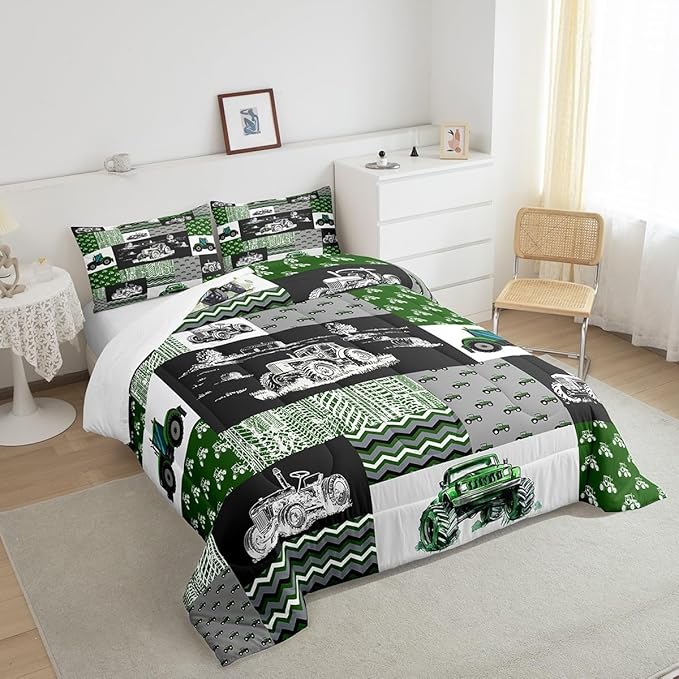 Tractor Bedding Set Twin Size Equipment Trucks Comforter Farmhouse Harvester Down Comforter for Kids Boys Car Bedroom Decor Green Vehicle Quilt Plaid with 1 Pillowcase, Grey