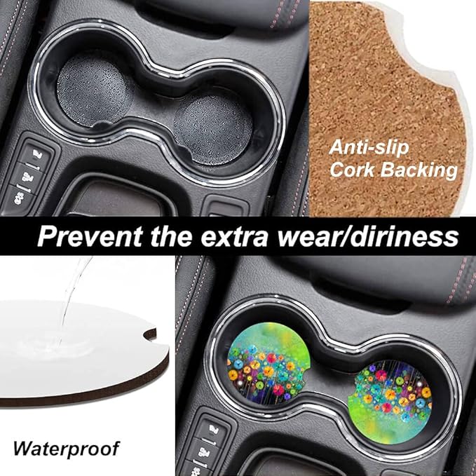Watercolor Nature Landscape Floral Absorbent Car Coasters,Cute Decorative Ceramic Cup Holders Coasters with a Finger Notch for Women Men 2.56"(2 Pieces)