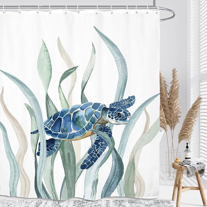 Turtle Seaweed Shower Curtain 60Wx72L Inch Sea Ocean Underwater Undersea Blue Green Watercolor Bathroom Set Accessories Decor with 12 Pack Hooks