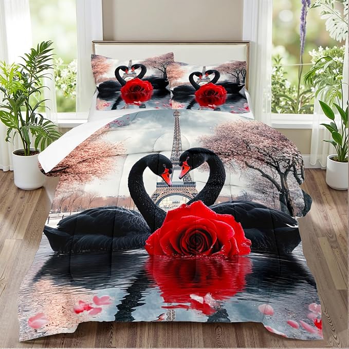 Swan Comforter Set Twin Size Couple Red Rose Bedding Set for Women Men Aesthetic Romantic Bedding Soft Down Alternative Comforter Sets for All Season Great Valentine's Day Bedroom Decor