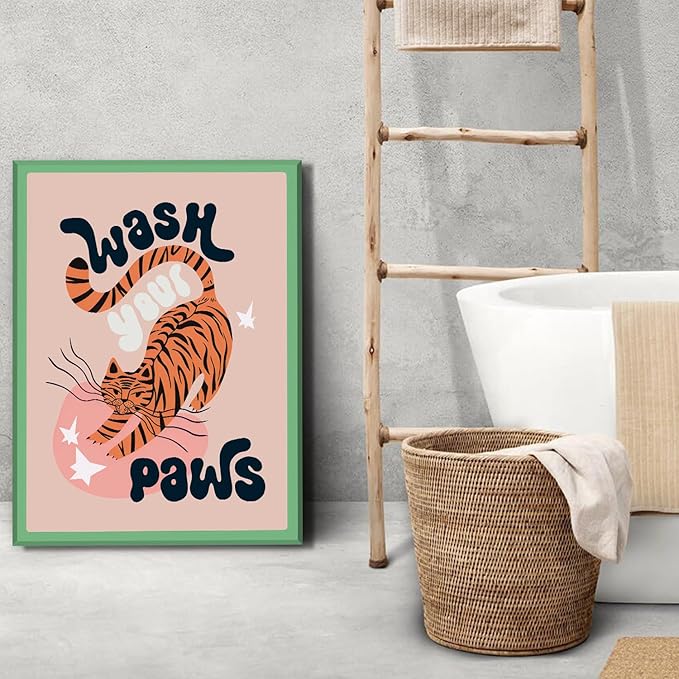 YFvrPt Funny Bathroom Animal Wall Art, Tiger Wash Your Paws Bathroom Wall Decor, Cute Eclectic Restroom Poster Canvas Prints Funky Maximalist Toilet Sign for Kids Room Nursery Framed 12x16 inch