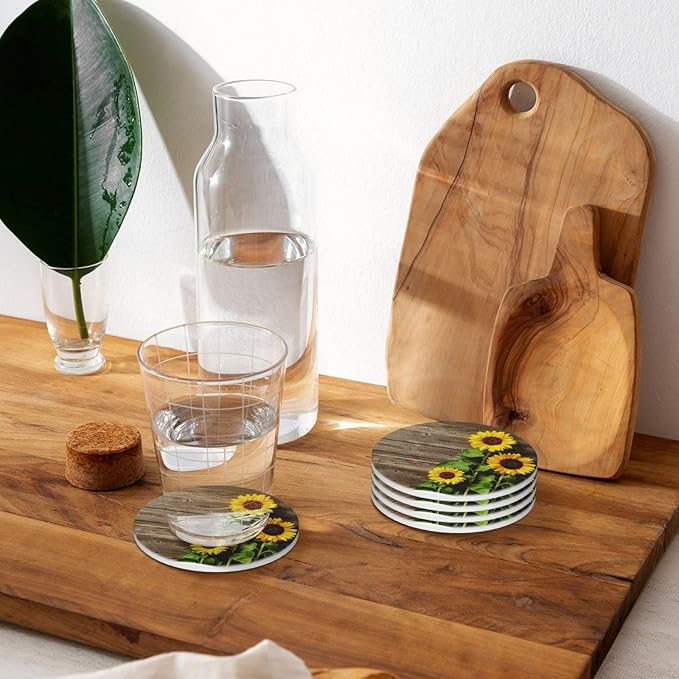 Sunflower Coasters for Drinks Set of 4, 4 Inch Romantic Wooden Background Absorbent Diatomite Ceramics Coasters for Coffee Table with Cork Base Tabletop Protection Suitable for Dining Desks