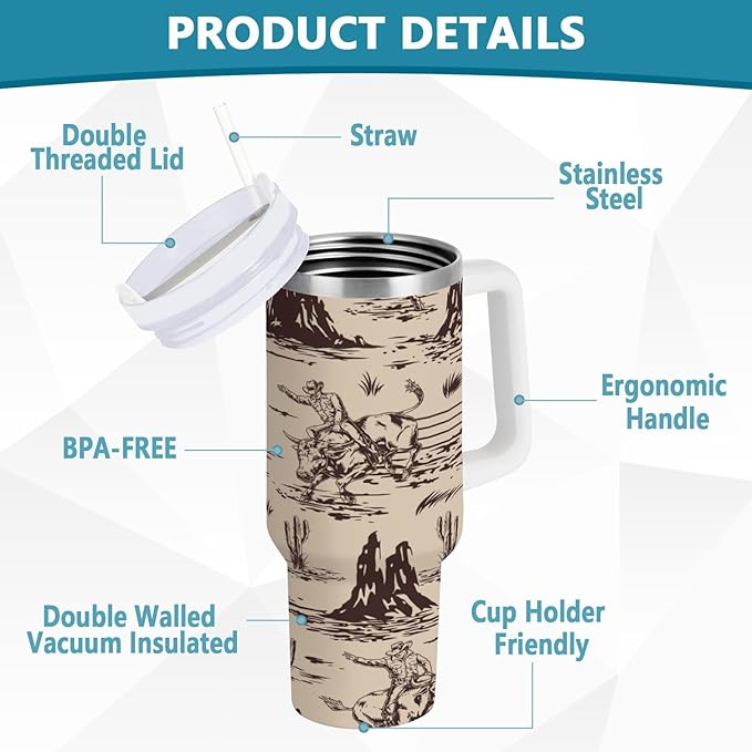 Boccsty Cowboy Cacti Insulated Tumblers Reusable Stainless Steel Tumbler 40 oz Cup Coffee Travel Mug Water Bottle with Handle & Flip Straw for Home Office Car