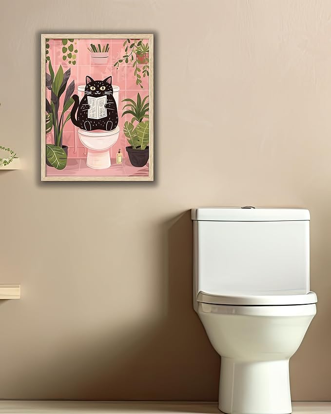UPWOIGH Beige OAK Framed Wall Art, Black Cat Reading the Newspaper Poster, Wood Canvas Wall Decor,Animals Abstract Prints, 12"x16"High-end Pictures for Bathroom Bedroom,1 Pack