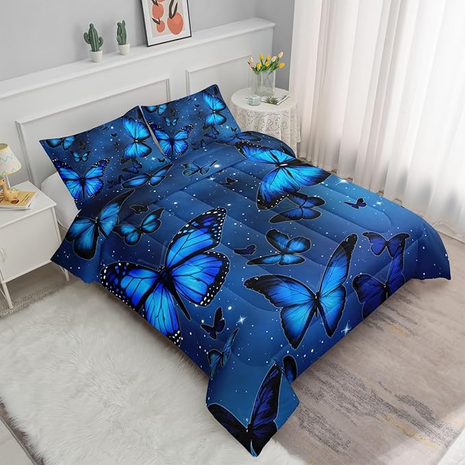 Butterfly Comforter Set for Girls Women - Bright Blue Butterflies in Sky with Stars Printed Bedding Set With 2 Pillowcases (Twin)