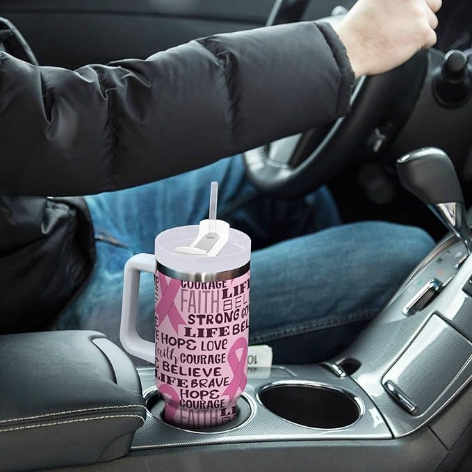 Boccsty Pink Ribbon Healthcar Breast Cancer Awareness Insulated Tumblers Reusable Stainless Steel Tumbler 30 oz Cup Coffee Travel Mug Water Bottle with Handle & Flip Straw for Home Office Car