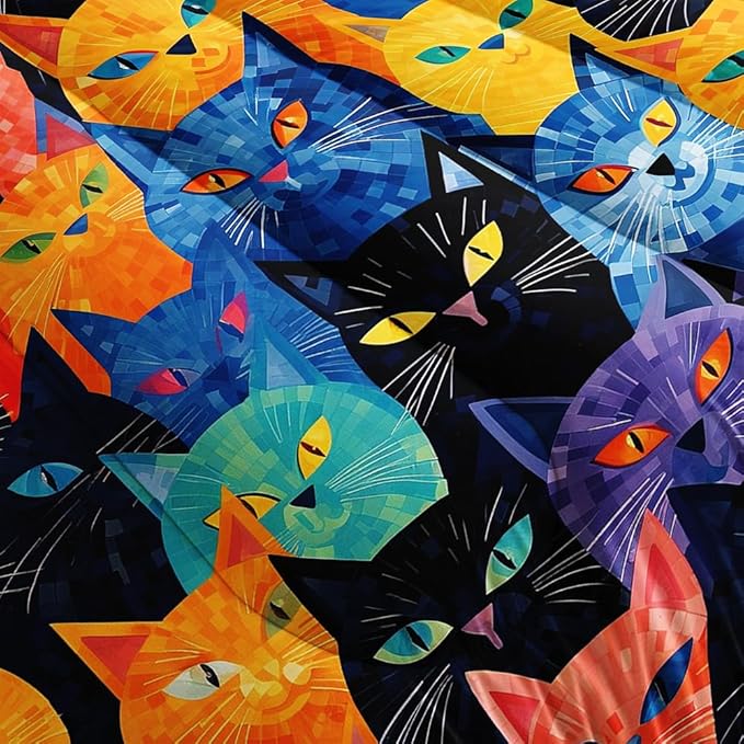 Suncloris Modern Chic Cats Comforter, Color Oil Painting Cats Bedding Set for Girls Boys, Cartoon Pet Cats Themed Quilt Bedroom Decor with 2 Pillow Cases (ColorCat, Queen)