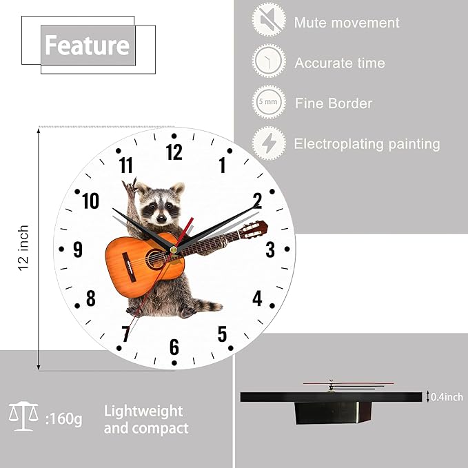 SPUNKER Clock for Bedroom,Funny Raccoon Kitchen Wall Clock,Acoustic Guitar Rock Clocks 10 Inch Silent Non-Ticking Wall Battery Operated for Living Room Bedroom Bathroom Laundry Room Decor