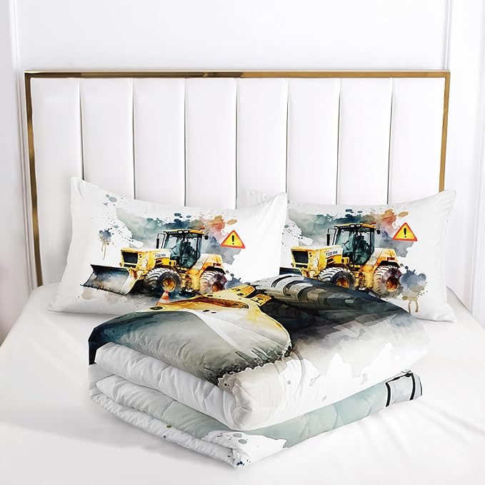 Bulldozer Comforter Set Full Engineering Vehicle Bedding Sets 3PCS for Kids Teen Adult Toy Room Decor Ultra-Soft Lightweight Microfiber 1 Comforter with 2 Pillowcases
